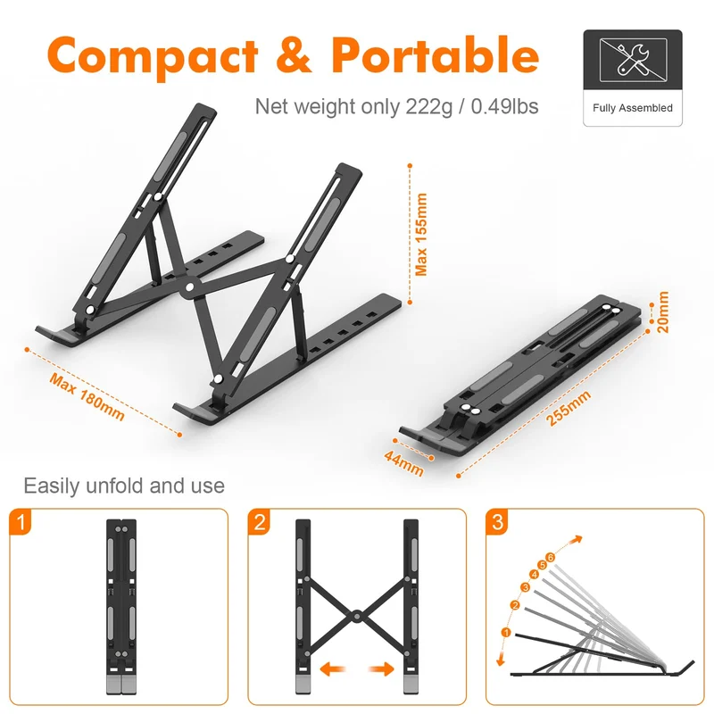 GRIFEMA GB1054B Supporto PC Portatile, Alluminio, Antiscivolo, Regolabile a 6 Angolazioni, Laptop Stand Compatibile con Laptop da 10-17,3 Pollici e Tablet - Nero