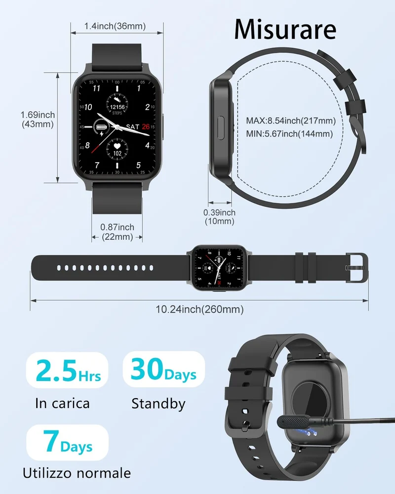 Cloudpoem Smartwatch Donna Uomo Smart Watch Orologio Contapassi con Cardiofrequenzimetro da polso Saturimetro Orologio Fitness Notifiche Whatsapp e Chiamate Orologio Sportivo per Android iOS Nero