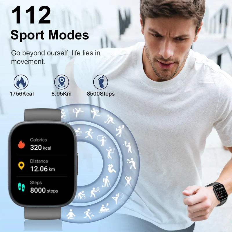 Smartwatch Uomo Donna, 1.95" Orologio Smartwatch con Chiamate Bluetooth, 110+ Modalità Sportive Fitness Tracker, Contapassi Watch con Sonno Cardiofrequenzimetro, IP68 Smart Watch per Android iOS, Nero