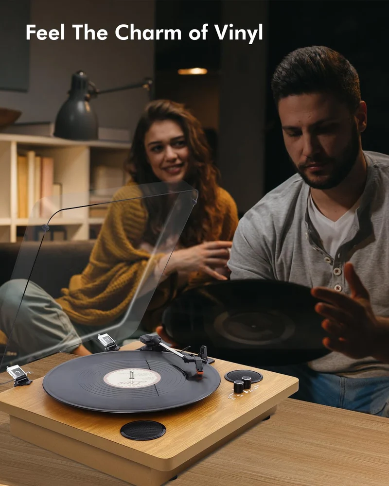 VIFLYKOO Bluetooth Vintage Vinile Giradischi 3 Velocità 33/45/78 RPM con 2 Altoparlanti Integrati e Encoder Digitale, Trasmissione a Cinghia, RCA/AUX/Cuffia/LP -Legno Naturale