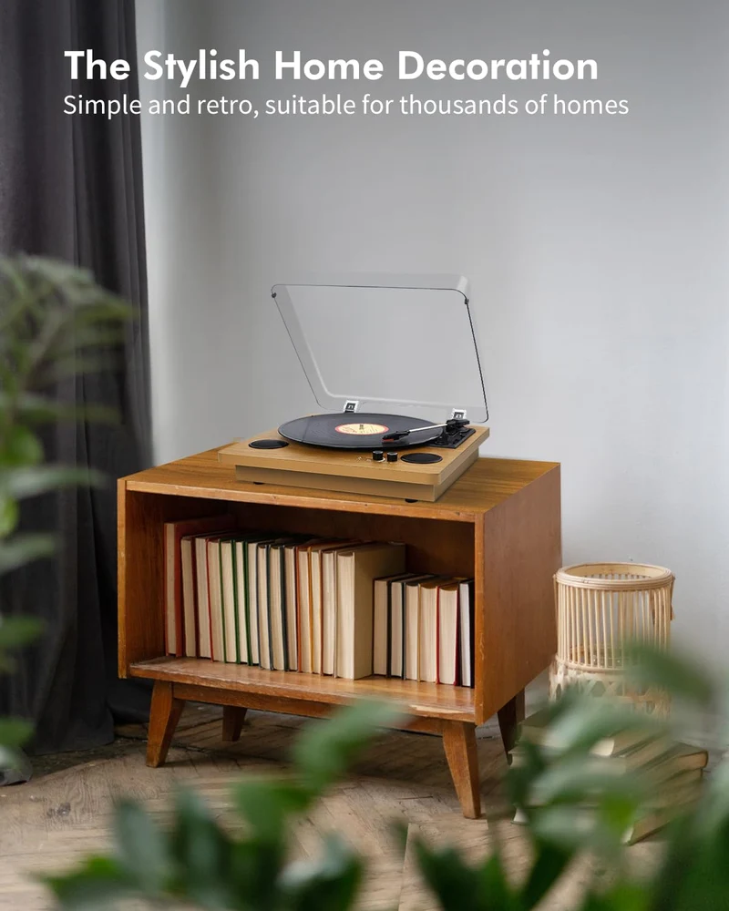 VIFLYKOO Bluetooth Vintage Vinile Giradischi 3 Velocità 33/45/78 RPM con 2 Altoparlanti Integrati e Encoder Digitale, Trasmissione a Cinghia, RCA/AUX/Cuffia/LP -Legno Naturale