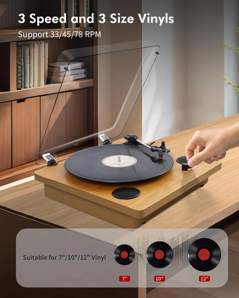VIFLYKOO Bluetooth Vintage Vinile Giradischi 3 Velocità 33/45/78 RPM con 2 Altoparlanti Integrati e Encoder Digitale, Trasmissione a Cinghia, RCA/AUX/Cuffia/LP -Legno Naturale