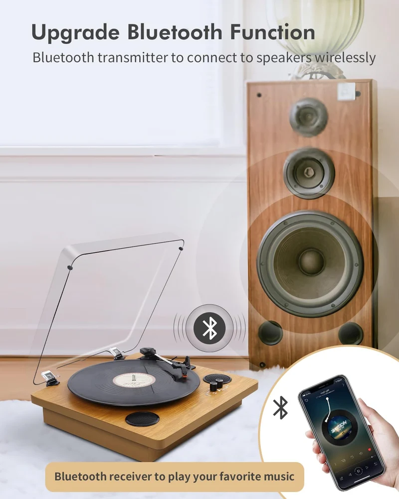 VIFLYKOO Bluetooth Vintage Vinile Giradischi 3 Velocità 33/45/78 RPM con 2 Altoparlanti Integrati e Encoder Digitale, Trasmissione a Cinghia, RCA/AUX/Cuffia/LP -Legno Naturale