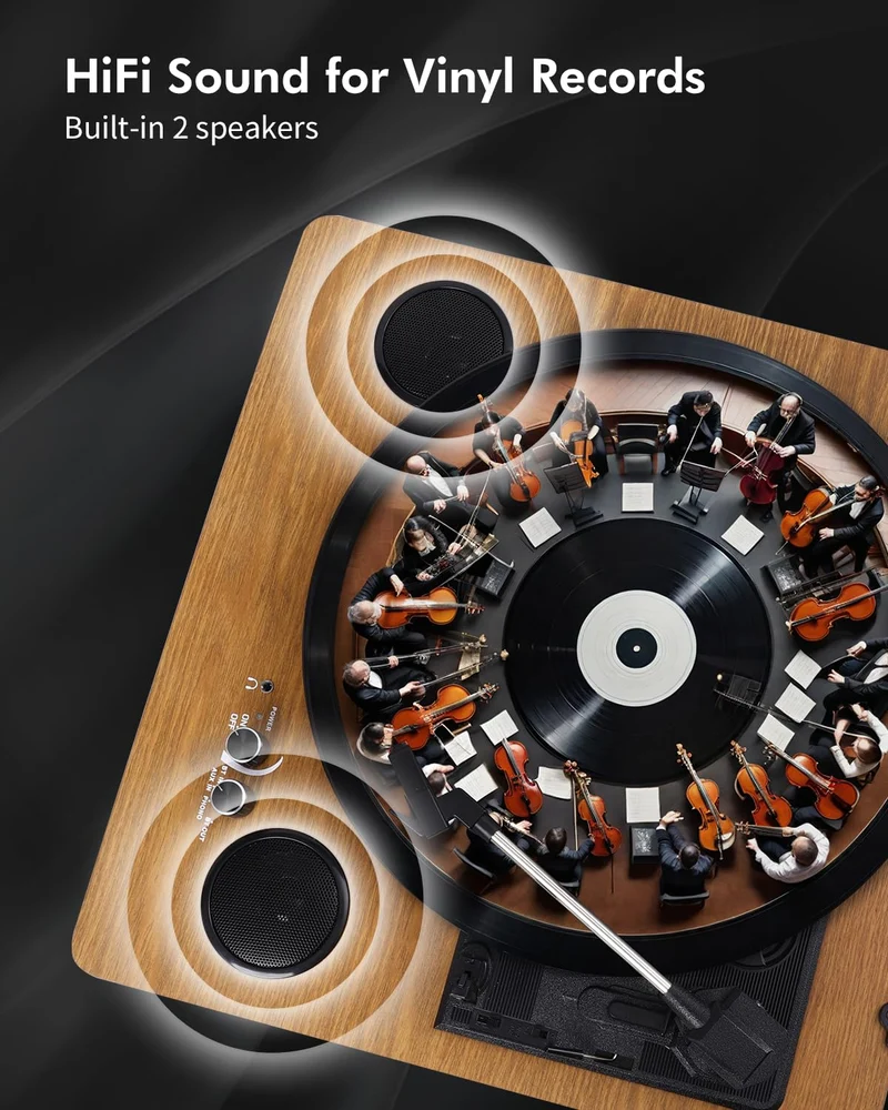 VIFLYKOO Bluetooth Vintage Vinile Giradischi 3 Velocità 33/45/78 RPM con 2 Altoparlanti Integrati e Encoder Digitale, Trasmissione a Cinghia, RCA/AUX/Cuffia/LP -Legno Naturale