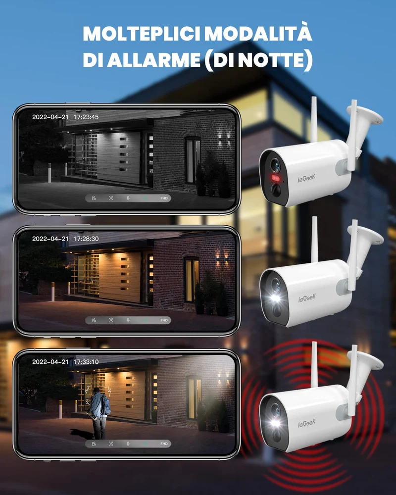 ieGeek 2K Telecamera Wi-Fi Interno/Esterno Senza Fili a Batteria, Videocamera di Sorveglianza a Faretti con Visione Notturna a Colori, Allarme con Rilevazione PIR, Sirena,Audio a 2 Vie,IP65