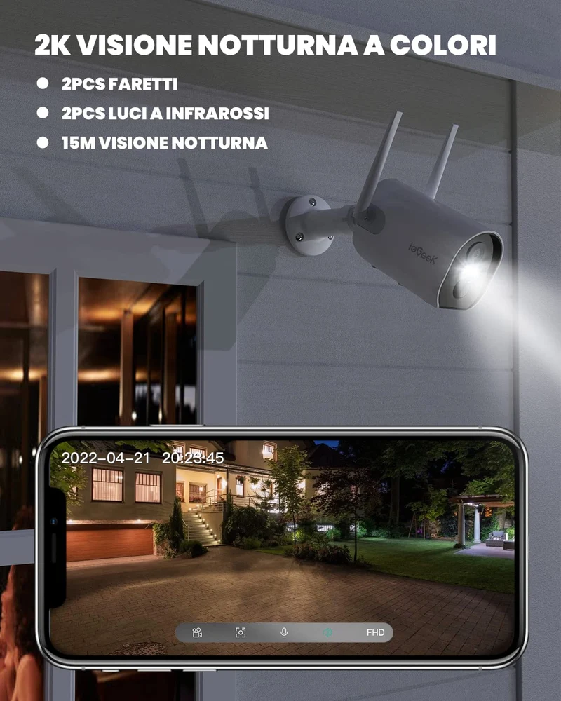 ieGeek 2K Telecamera Wi-Fi Interno/Esterno Senza Fili a Batteria, Videocamera di Sorveglianza a Faretti con Visione Notturna a Colori, Allarme con Rilevazione PIR, Sirena,Audio a 2 Vie,IP65