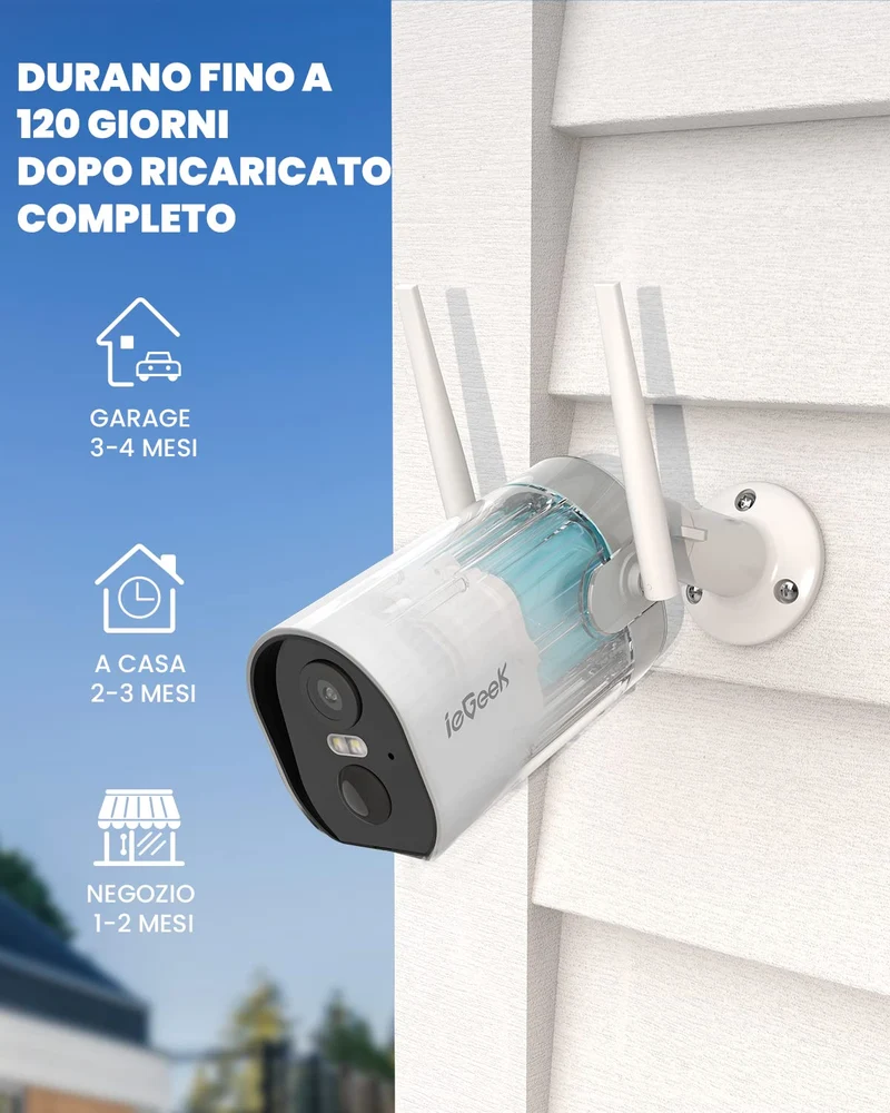 ieGeek 2K Telecamera Wi-Fi Interno/Esterno Senza Fili a Batteria, Videocamera di Sorveglianza a Faretti con Visione Notturna a Colori, Allarme con Rilevazione PIR, Sirena,Audio a 2 Vie,IP65