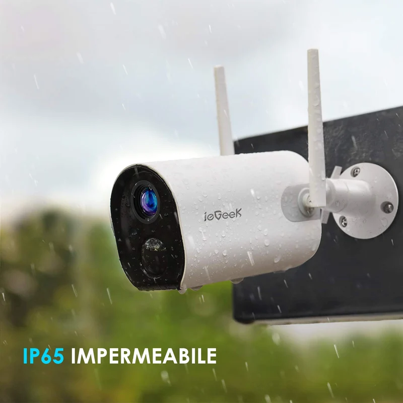 ieGeek 2K Telecamera Wi-Fi Interno/Esterno Senza Fili a Batteria, Videocamera di Sorveglianza a Faretti con Visione Notturna a Colori, Allarme con Rilevazione PIR, Sirena,Audio a 2 Vie,IP65