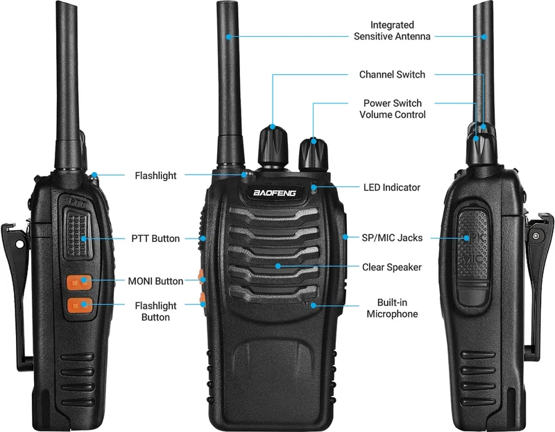 Baofeng Walkie Talkie PMR Radio Ricetrasmettitore a Lungo Raggio Walkie Talkie Set Portatile Ricaricabile Con cuffie e luci LED adatte per Sport All'aria Aperta,Escursionismo,Cantieri(2 Pezzi)