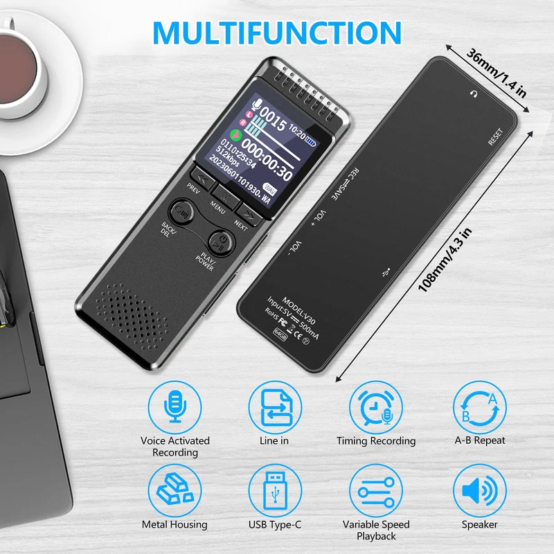 Vivaniir 64GB Registratore Vocale Professionale, 80 Ore di Batteria a Lunga Durata 1100mAh, Robusto Registratore con Attivazione Vocale e Involucro Metallico, Registratore per Conferenze Riunioni