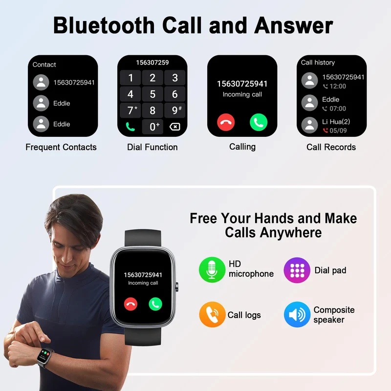 Smartwatch Uomo Donna, 1.91" Orologio Smartwatch con Effettua/Risposta Chiamate, 110+ Sportive Smart Watch, Contapassi, 24H Sonno/Cardiofrequenzimetro, Impermeabil IP68 Fitness Tracker per Android iOS