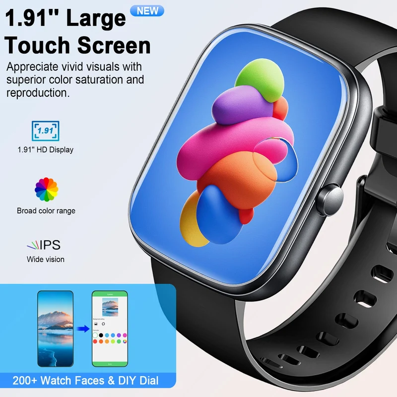 Smartwatch Uomo Donna, 1.91" Orologio Smartwatch con Effettua/Risposta Chiamate, 110+ Sportive Smart Watch, Contapassi, 24H Sonno/Cardiofrequenzimetro, Impermeabil IP68 Fitness Tracker per Android iOS