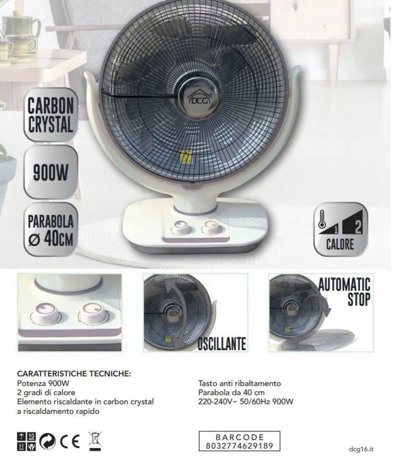 Stufa Al Carbonio Dcg Elettrica Cristallo Di Oscillante Con Timer 900w Parabola