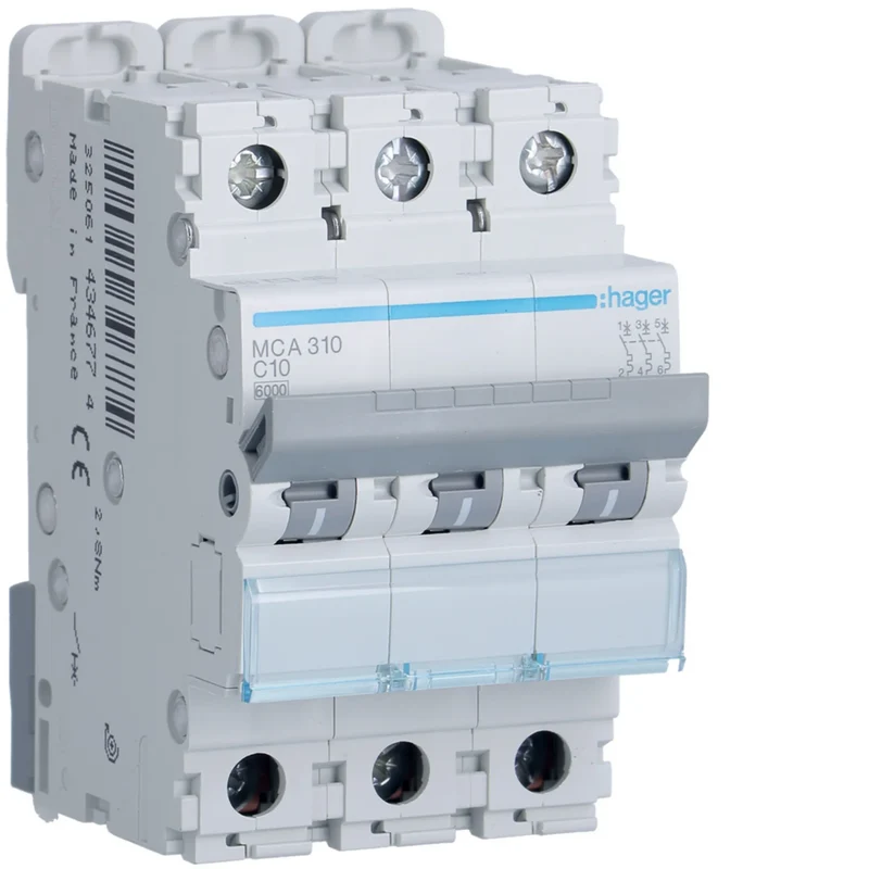 Interruttore Automatico Magnetotermico Hager 3P 6kA Curva C 3 Moduli DIN