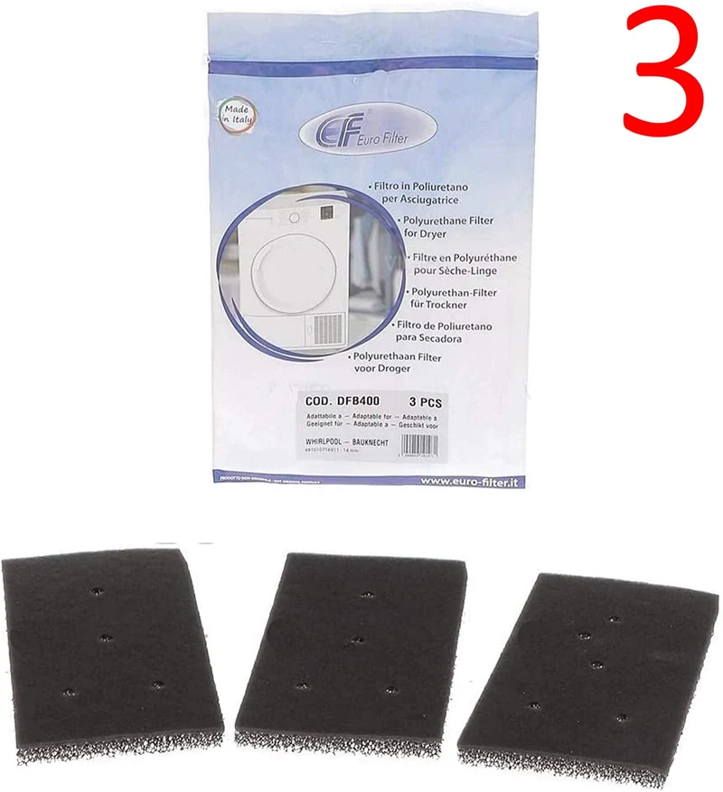 3 filtri Euro per asciugatrice Bauknecht Privileg Whirlpool HX 481010716911 | Asciugatrice a pompa di calore | Fino grosso | 230 x 115 x 14 mm | Filtro in spugna