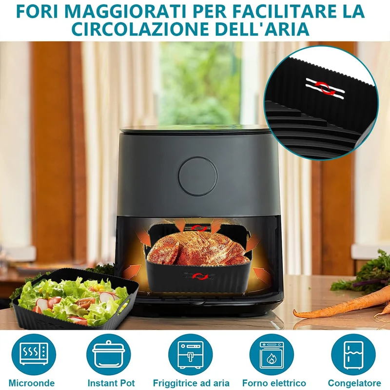 21CM Accessori Friggitrice ad Aria in Silicone, 2PCS Quadrata Teglie Cestino per Friggitrice ad Aria per COSORI 5,5L 4,7L, Riutilizzabile Invece di Carta Forno