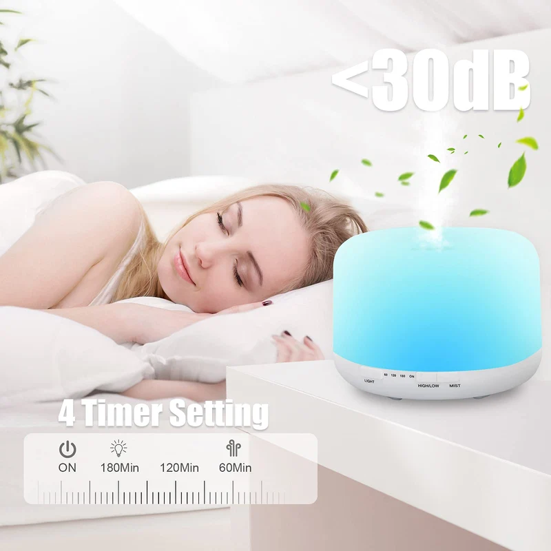 500ml Diffusore di Oli Essenziali, Senza BPA Umidificatore ad Ultrasuoni con Telecomando e 7 Diverse Luci Mutevoli -Spegnimento Automatico Senza Acqua
