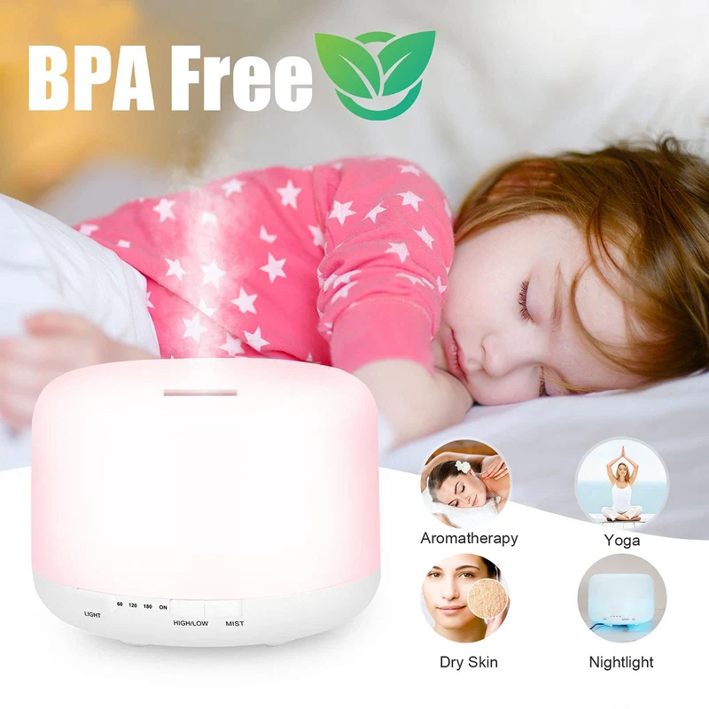 500ml Diffusore di Oli Essenziali, Senza BPA Umidificatore ad Ultrasuoni con Telecomando e 7 Diverse Luci Mutevoli -Spegnimento Automatico Senza Acqua