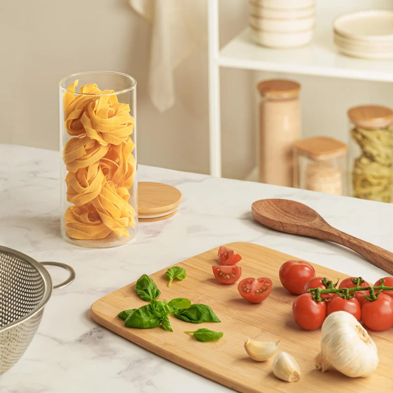 4 Barattoli di Cucina in Vetro con Coperchio in Bambù - Lavabili in Lavastoviglie - 1200ml Contenitore Pasta Grande
