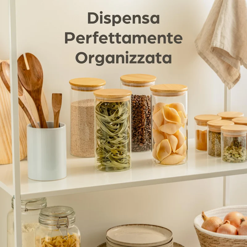 4 Barattoli di Cucina in Vetro con Coperchio in Bambù - Lavabili in Lavastoviglie - 1200ml Contenitore Pasta Grande