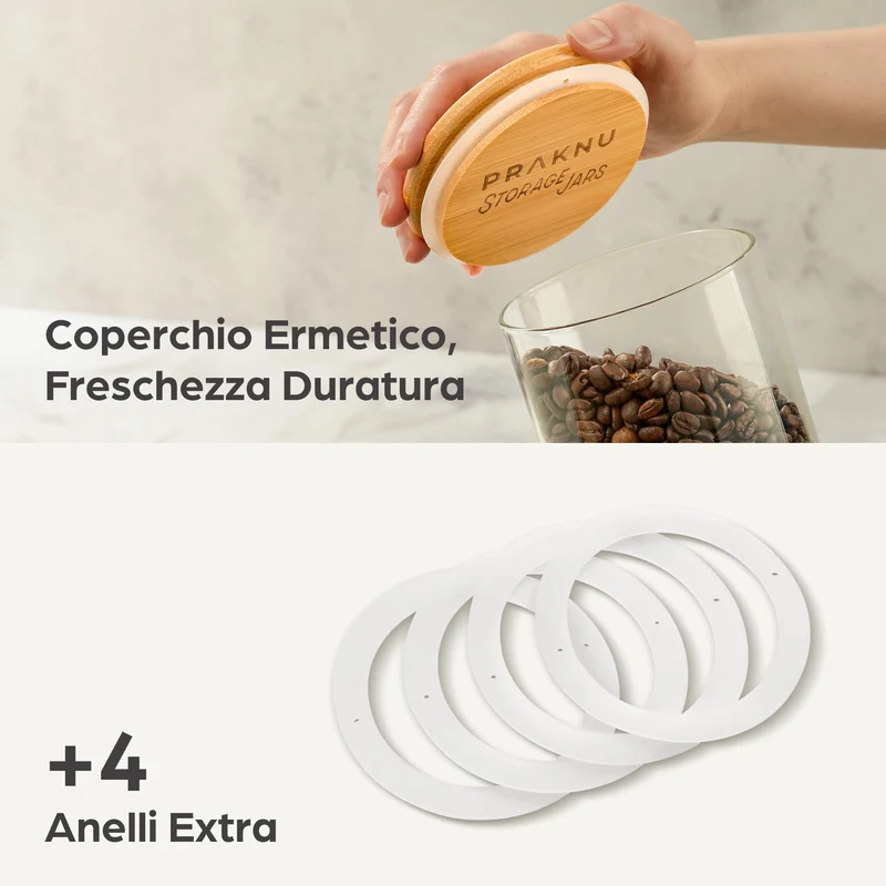 4 Barattoli di Cucina in Vetro con Coperchio in Bambù - Lavabili in Lavastoviglie - 1200ml Contenitore Pasta Grande