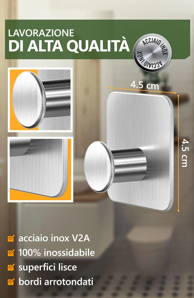 4smile ganci adesivi acciaio inox - SET 5 appendi porta asciugamani inox bagno antiruggine ganci adesivi - accappatoio bagno di alta