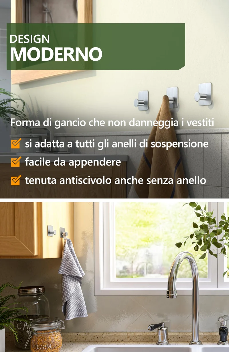4smile ganci adesivi acciaio inox - SET 5 appendi porta asciugamani inox bagno antiruggine ganci adesivi - accappatoio bagno di alta