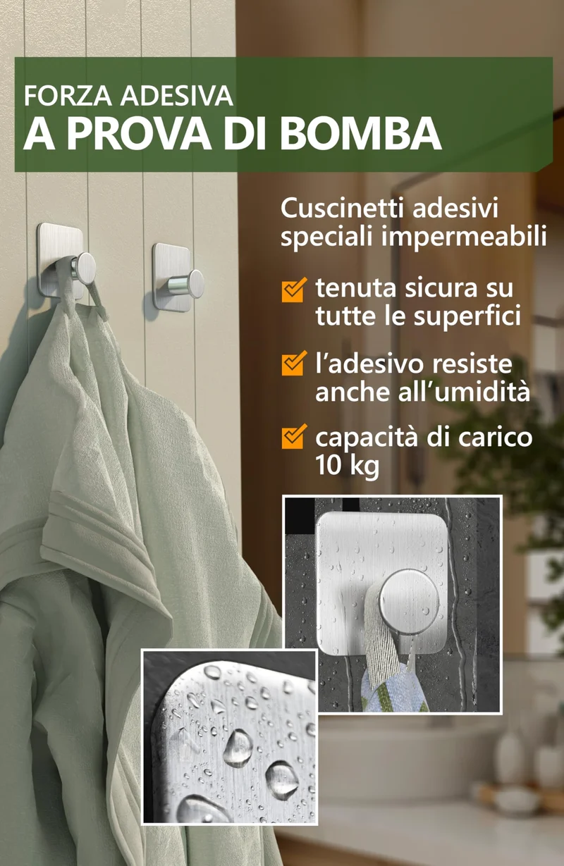 4smile ganci adesivi acciaio inox - SET 5 appendi porta asciugamani inox bagno antiruggine ganci adesivi - accappatoio bagno di alta