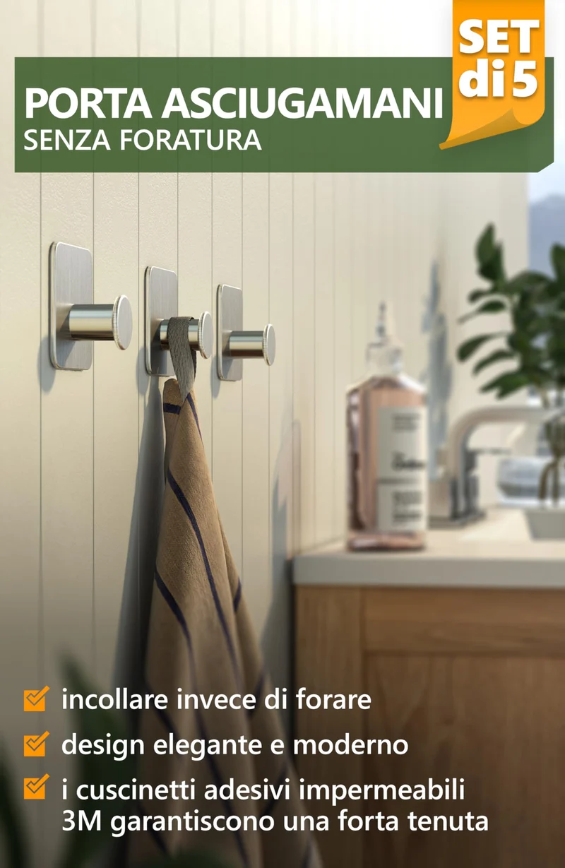 4smile ganci adesivi acciaio inox - SET 5 appendi porta asciugamani inox bagno antiruggine ganci adesivi - accappatoio bagno di alta