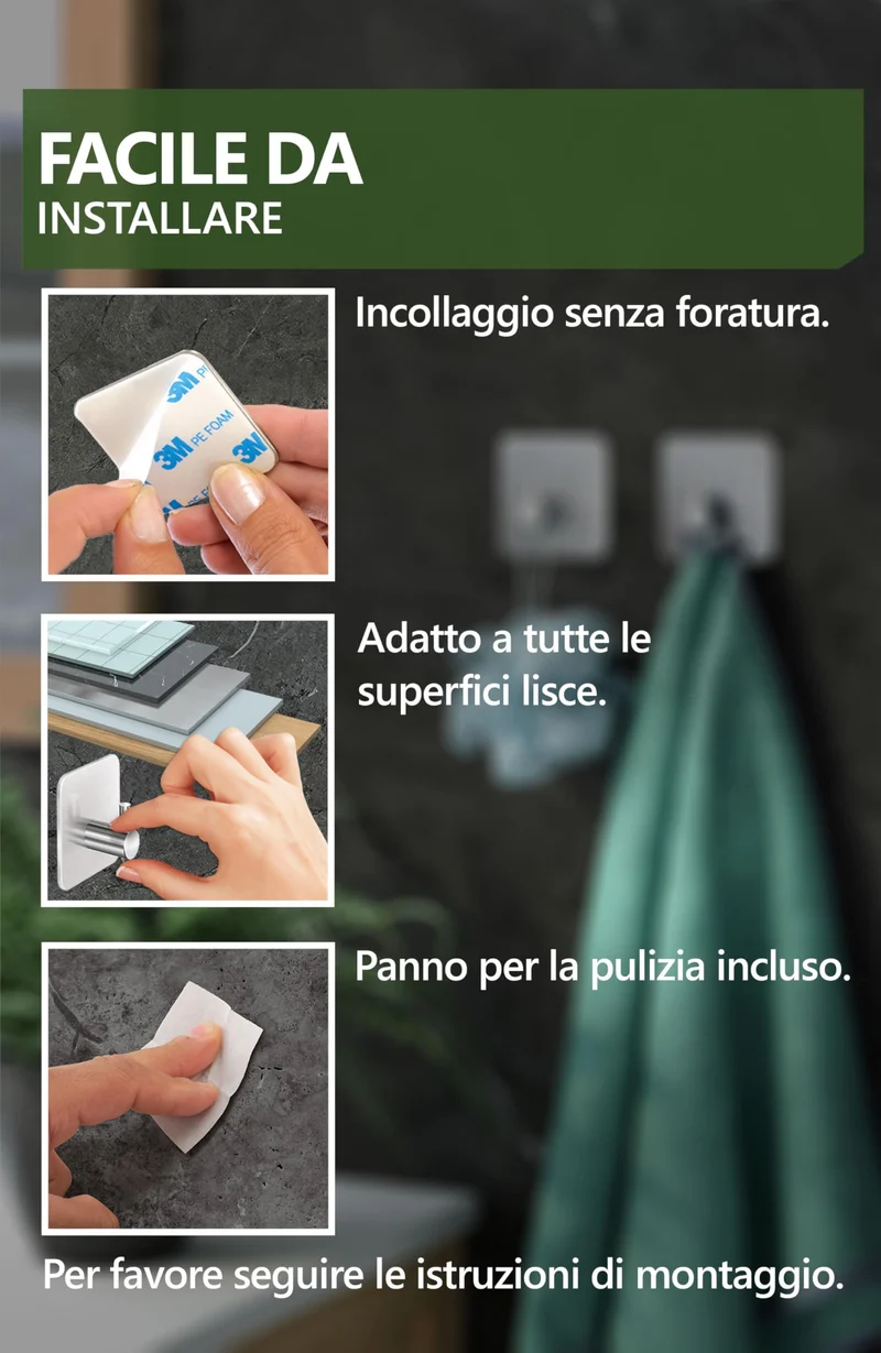 4smile ganci adesivi acciaio inox - SET 6 appendi porta asciugamani inox bagno antiruggine ganci adesivi - accappatoio bagno di alta