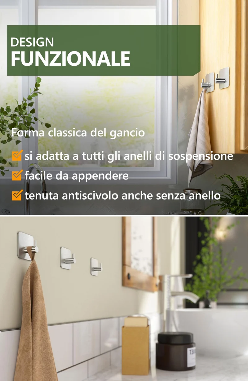 4smile ganci adesivi acciaio inox - SET 6 appendi porta asciugamani inox bagno antiruggine ganci adesivi - accappatoio bagno di alta