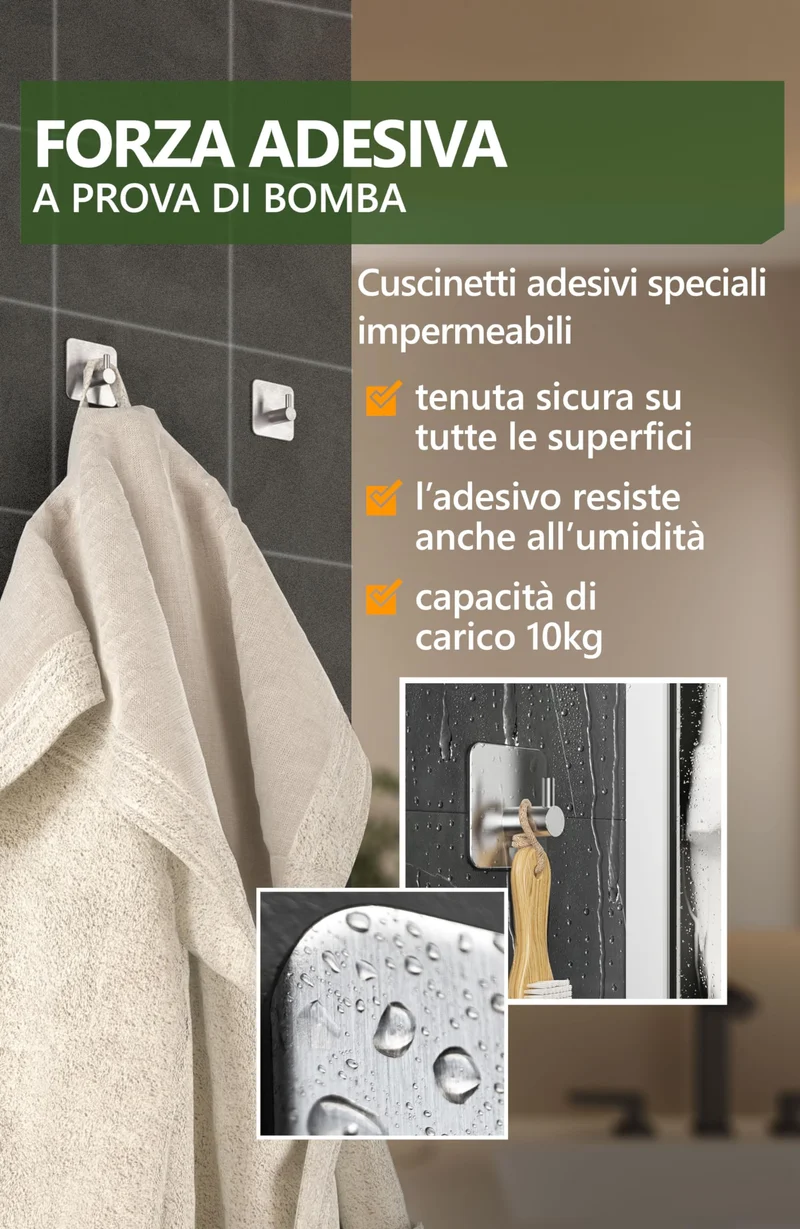 4smile ganci adesivi acciaio inox - SET 6 appendi porta asciugamani inox bagno antiruggine ganci adesivi - accappatoio bagno di alta