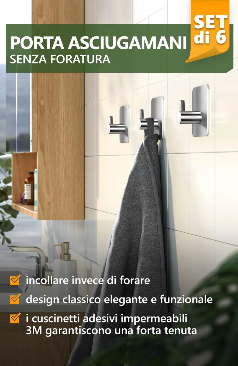 4smile ganci adesivi acciaio inox - SET 6 appendi porta asciugamani inox bagno antiruggine ganci adesivi - accappatoio bagno di alta