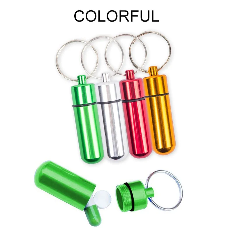 4 Mini Porta Pillole in Alluminio Rosso/Verde/Oro/Bianco - Portapillole Portachiavi - Capsula - 5,2x1,4cm - Scatolina Porta Medicinali da Viaggio in Salute e Cura Della Persona per All'aperto