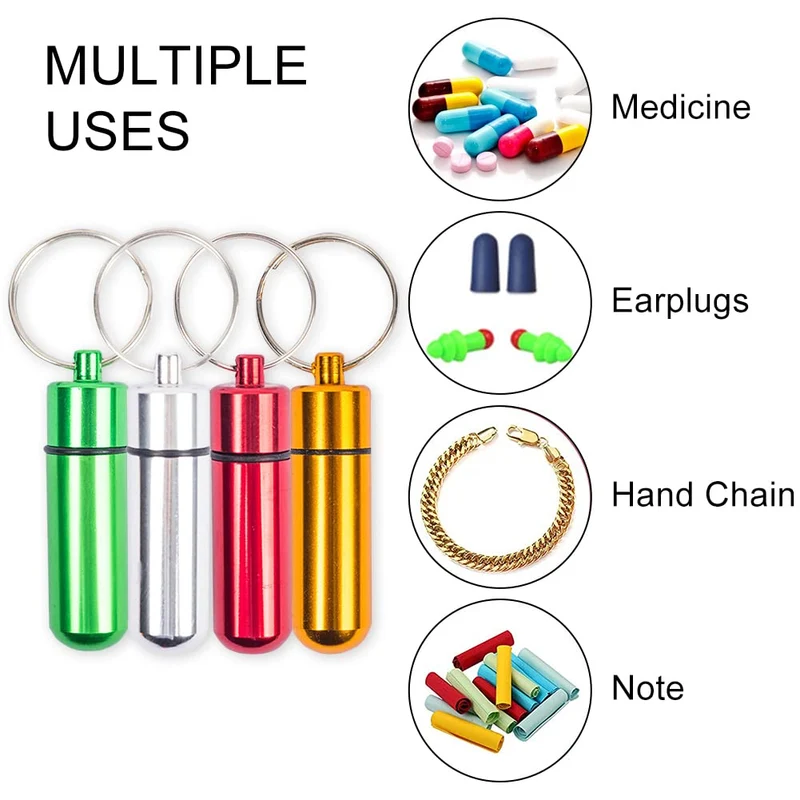 4 Mini Porta Pillole in Alluminio Rosso/Verde/Oro/Bianco - Portapillole Portachiavi - Capsula - 5,2x1,4cm - Scatolina Porta Medicinali da Viaggio in Salute e Cura Della Persona per All'aperto