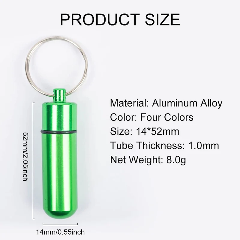 4 Mini Porta Pillole in Alluminio Rosso/Verde/Oro/Bianco - Portapillole Portachiavi - Capsula - 5,2x1,4cm - Scatolina Porta Medicinali da Viaggio in Salute e Cura Della Persona per All'aperto