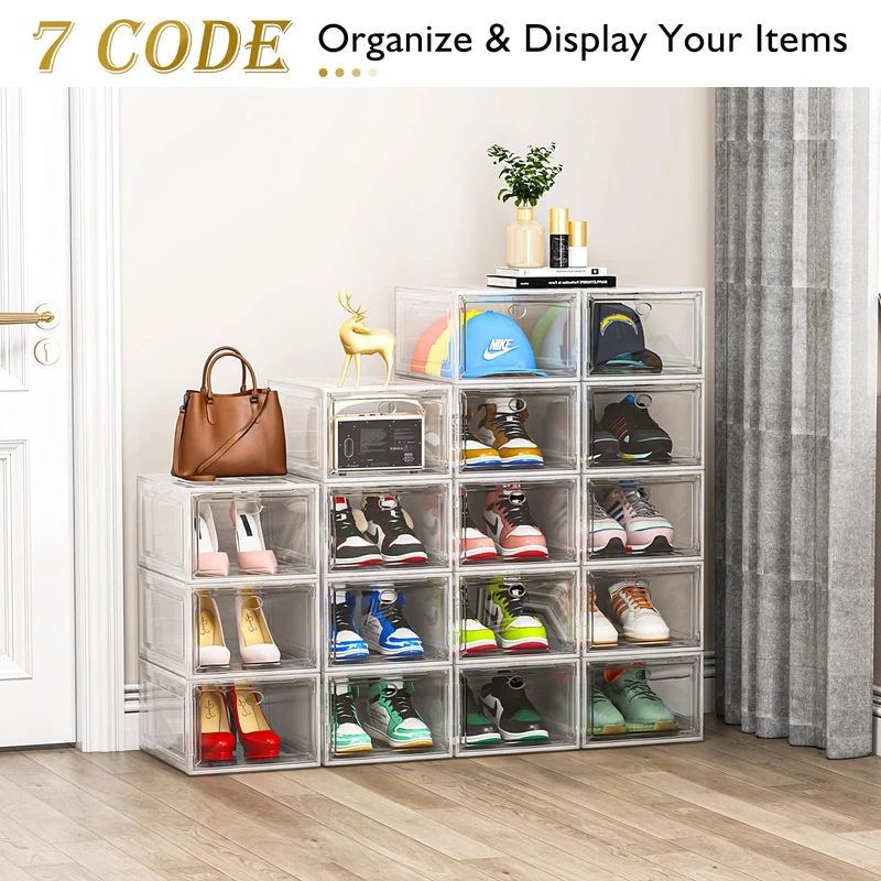 7 code Scatole per Scarpe, 6 Pezzi - Organizzatore di Scarpe Trasparente e Robusto con Porta Magnetica, Scatole di Stoccaggio Impilabili per Armadio, Contenitore per Sneaker e Stivali, Bianco