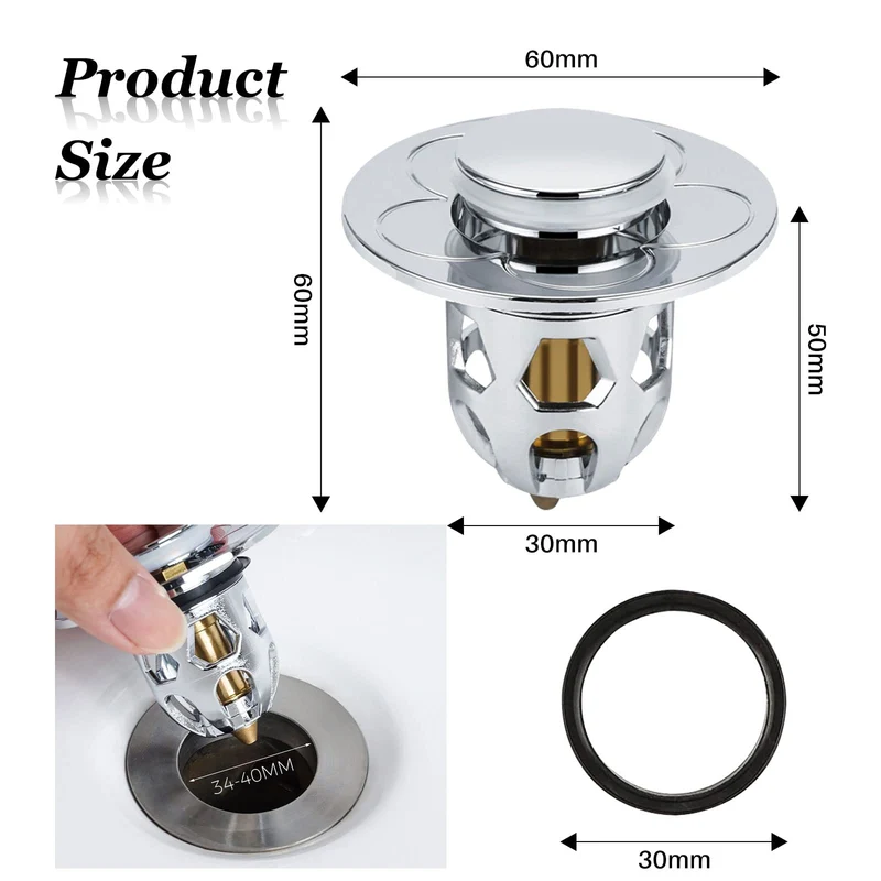 2 Pezzi Confezione da Scarico Lavabo Bagno Universale Pop up,Filtro Tappo Lavandino Bagno con Filtro Anti Clogging,Valvola Piletta Cucina Bidet Vasca(Per il foro di drenaggio di 34~40mm)