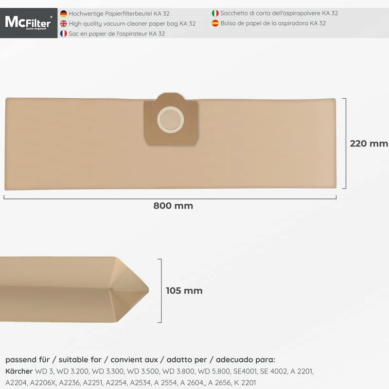 1 set da 10 sacchetti per aspirapolvere e 1 filtro a cartuccia, adatto per aspirapolvere multiuso Kärcher della serie WD3 e MV3