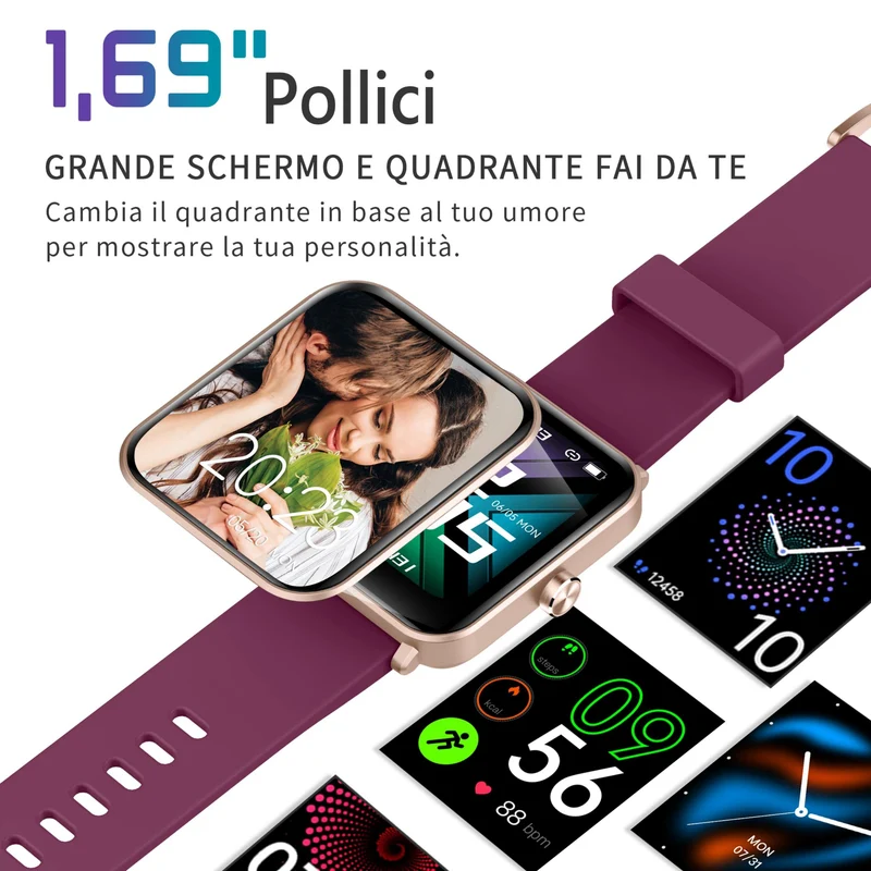 ZOSKVEE 1,69" Smartwatch Uomo Donna, Orologio smartwatch con Notifica Messaggio e Chiamata, Cardiofrequenzimetro SpO2 Contapassi Sonno, Orologio Fitness per Android iOS