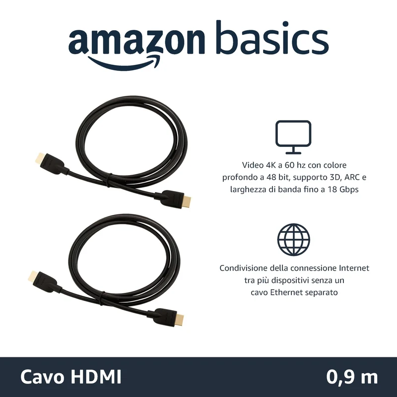 Amazon Basics Cavo Ultra HD HDMI 2.0 ad alta velocità, formati 3D supportati, con Audio Return Channel, 0,9 m, Nero