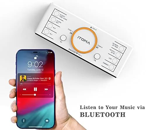 Radiosveglia, Orologio da 1,4" con Display a Led Bianco, Bluetooth, Radio FM, Doppia Sveglia, Timer di Spegnimento, Snooze, Dimmer Automatico e Manuale, Caricatore USB e Luce Notturna iTOMA CKS718