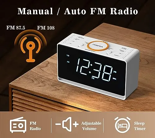 Radiosveglia, Orologio da 1,4" con Display a Led Bianco, Bluetooth, Radio FM, Doppia Sveglia, Timer di Spegnimento, Snooze, Dimmer Automatico e Manuale, Caricatore USB e Luce Notturna iTOMA CKS718