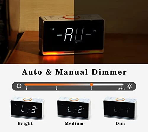 Radiosveglia, Orologio da 1,4" con Display a Led Bianco, Bluetooth, Radio FM, Doppia Sveglia, Timer di Spegnimento, Snooze, Dimmer Automatico e Manuale, Caricatore USB e Luce Notturna iTOMA CKS718