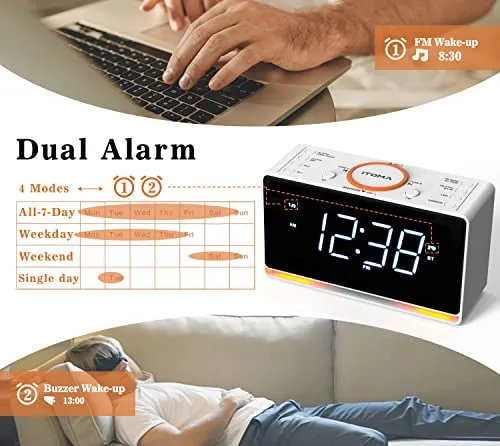 Radiosveglia, Orologio da 1,4" con Display a Led Bianco, Bluetooth, Radio FM, Doppia Sveglia, Timer di Spegnimento, Snooze, Dimmer Automatico e Manuale, Caricatore USB e Luce Notturna iTOMA CKS718