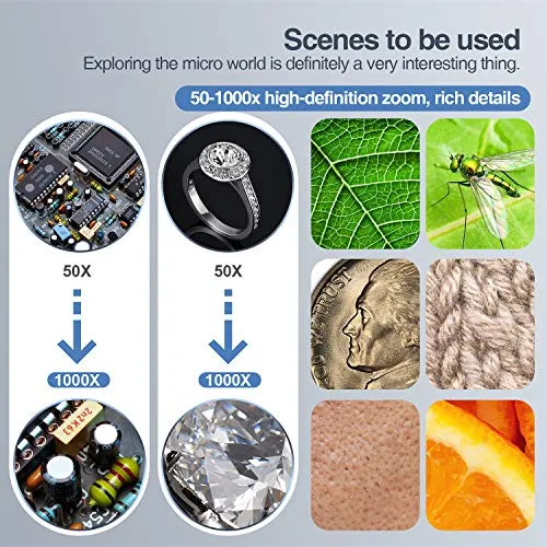 Microscopio Digitale Wireless, YINAMA Microscopio Ingrandimento da 50X-1000X, 8 luci a LED, Mini Microscopio portatile, 2MP 1080P, compatibile con Android, iPad PC MAC Windows