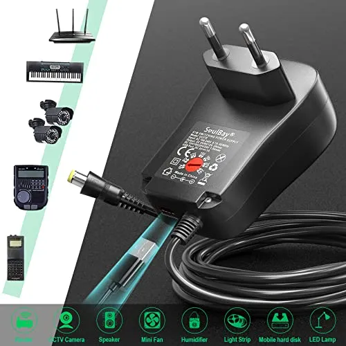 SoulBay 6V - 24V 41W Alimentatore Switching Universale per Caricabatterie CA/CC con punte CC da 11 pezzi, contiene spina USB-C per Elettronica Domestica e Strisce LED - 2000 mA max