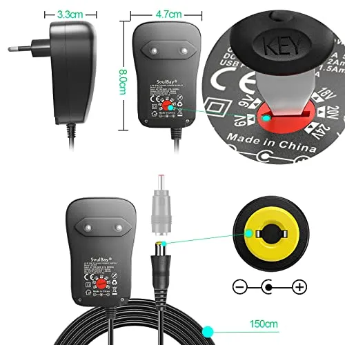 SoulBay 6V - 24V 41W Alimentatore Switching Universale per Caricabatterie CA/CC con punte CC da 11 pezzi, contiene spina USB-C per Elettronica Domestica e Strisce LED - 2000 mA max