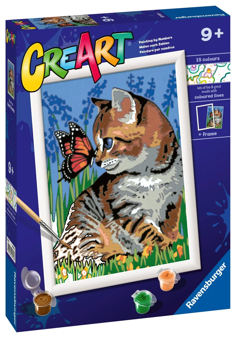 Ravensburger - CreArt Serie D, Gattino e Farfalla, Dipingere con i Numeri, Kit Pittura Bambini, Tema Animali, Cornice Inclusa, Gioco Educativo, Idea Regalo Bambini 9+ Anni, 26x20 cm