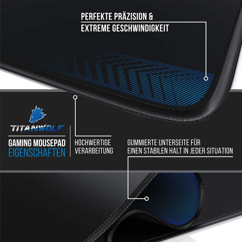 Titanwolf - Tappetino per mouse XXL, XXL, per gaming, gioco veloce, 900 x 400 mm, XXL, migliora precisione e velocità, presa stabile su superfici lisce